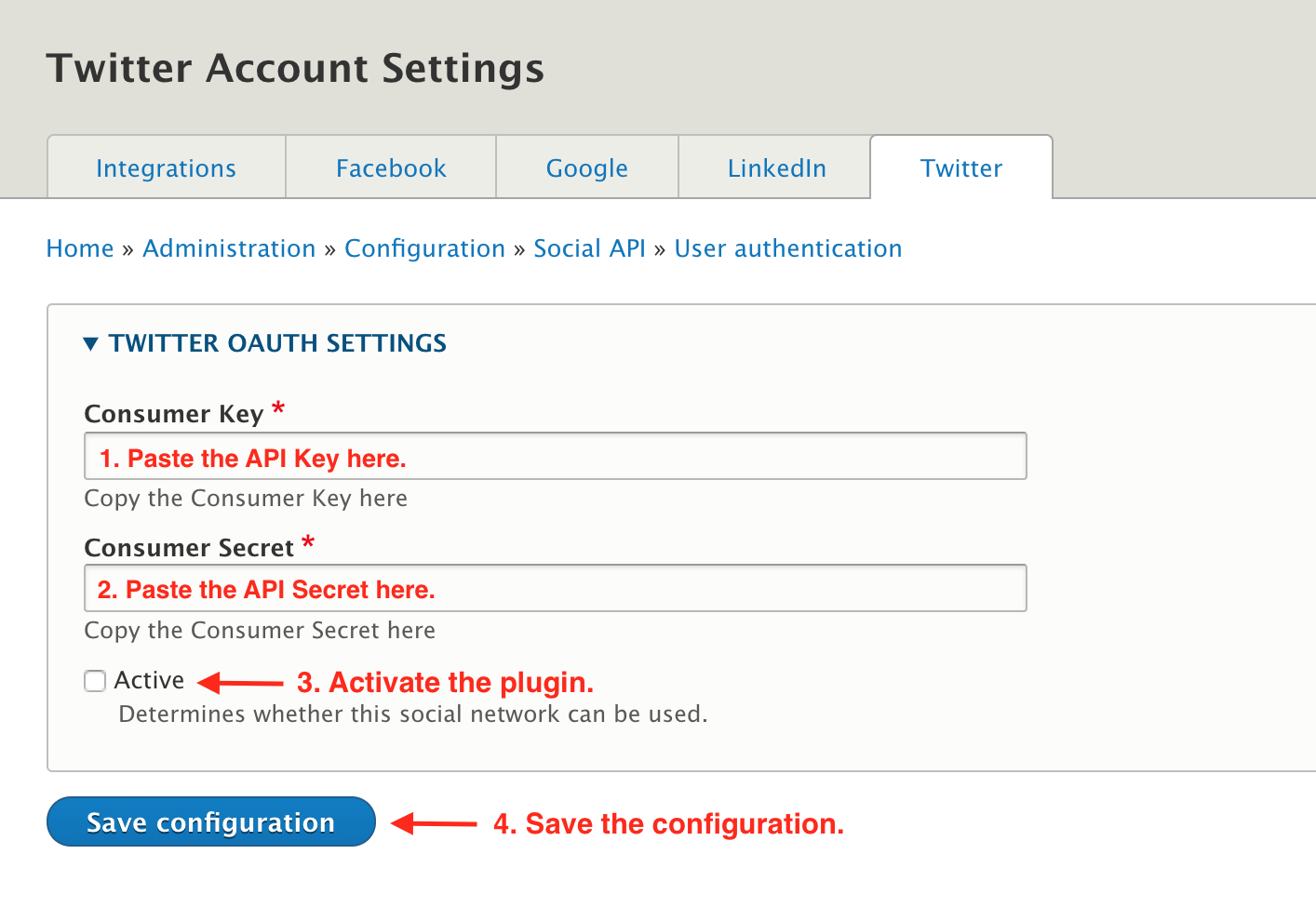 Twitter configuration settings